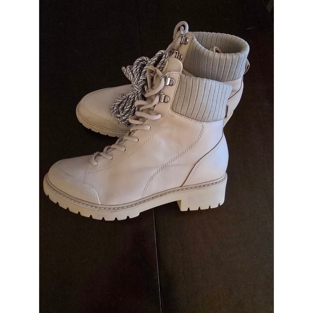 NEW AREZZO Beige Leather Knit Cuff Lace Up Combat Boots Womens US sz 8.5 /EUR 39